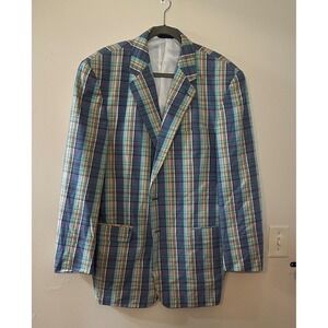 Haspel Mens Plaid Blazer Sport Coat Blue Green Yellow Multi Color Two Button